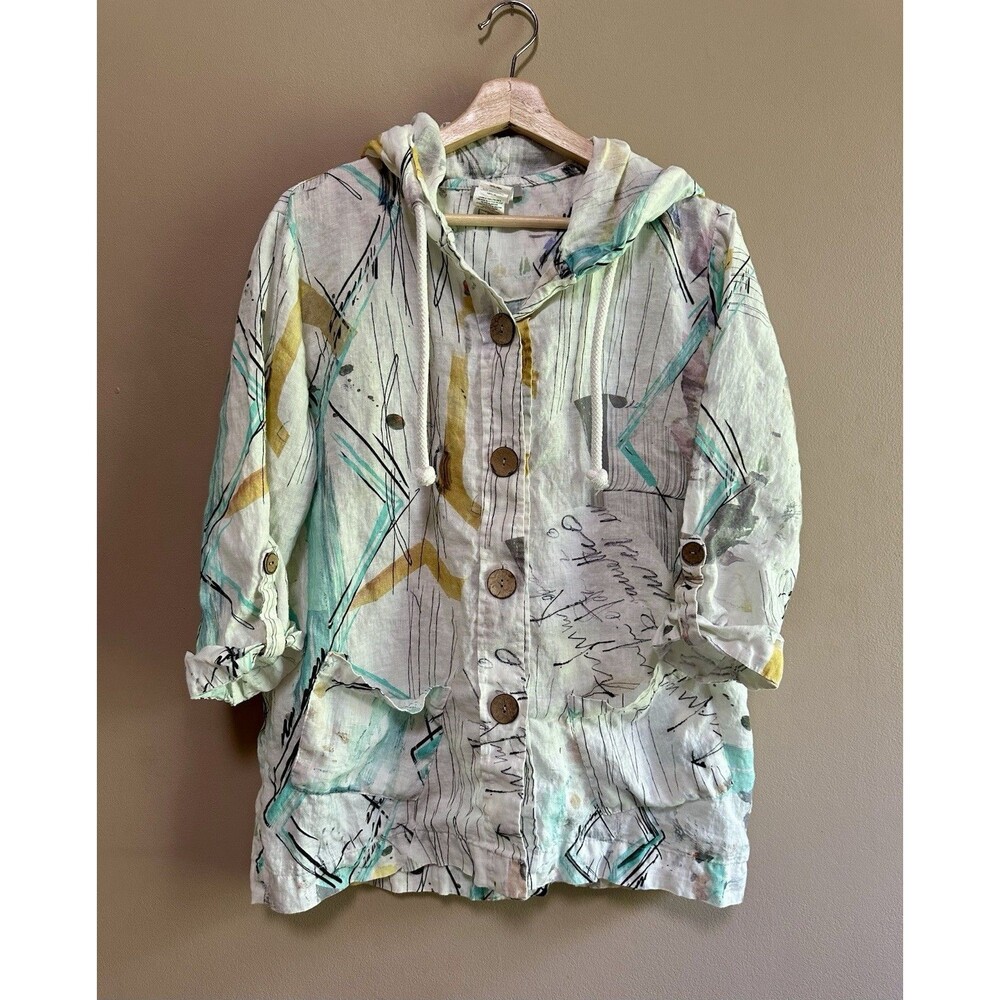 Dolcezza‎ 100% Linen Jacket Women's Sz Large Colorful Button Up Hooded Pockets
